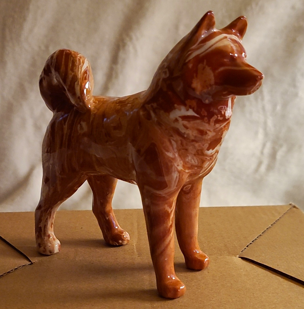 VTG Ceramic Husky Shiba Inu Figurine Mocha Swirl Glaze Dog Statue Brown White